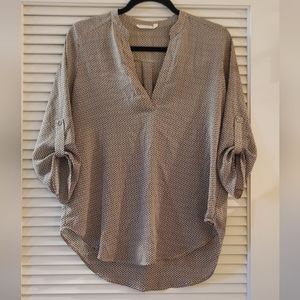 Lush- White/Black/Red Pattern High-Low Lightweight Long-Sleeve Blouse